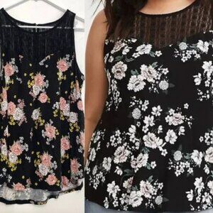 TORRID Super Soft Crew Neck Lace Tank Black Pink Yellow Floral Sz 2 NWT Plus